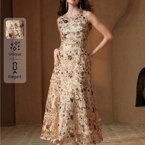 Elegant Floral Lace Dress in Cream and Brown